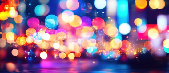 Aufkleber - Colorful bokeh lights in an urban setting with abstract blurred background and ample copy space for text placement