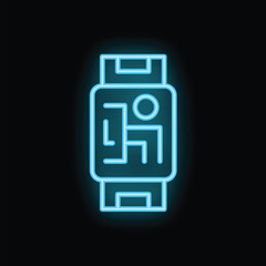 Poster - Blue neon icon of a smartwatch displaying a map app on its screen, isolated on black background