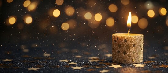 Aufkleber - Candle on a starry table with blurred bokeh lights and soft falling dust Copy Space