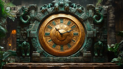 Fototapete - Aztecinspired grandfather clock stands regal carved from stone and adorned with glyphs Its golden calendar face surrounded by stone serpents holds a jade pendulum that swings like a heartbeat