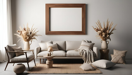 Wall Mural - A highly detailed 3D-rendered bohemian living room mockup, a large wooden frame positioned above a neutral-toned sofa