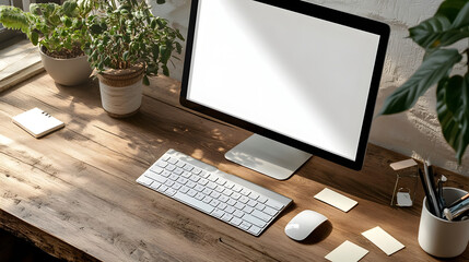 Poster - Minimalist and organized home office workspace with laptop computer keyboard mouse notepad pen and potted plants on a wooden desk  Cozy and productive work setup with clean and modern decor