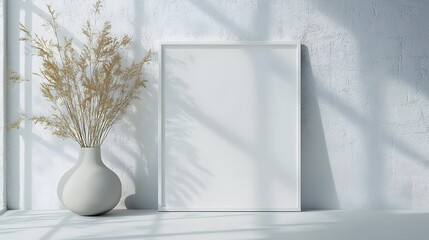 Aufkleber - Minimalist and serene still life composition featuring a white ceramic vase filled with delicate flowers set against a plain white wall and partially framed by a modern floating frame