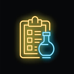 Poster - Neon icon of laboratory checklist with test tubes, representing scientific research and analysis