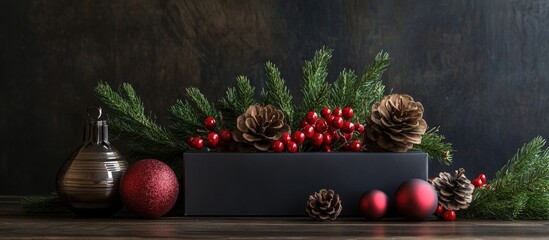 Wall Mural - Christmas centerpiece arrangement featuring pinecones, red berries, and ornaments on a dark wooden background with Copy Space