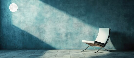 Fototapete - Minimalist interior with modern chair in softly lit room showcasing textured wall and copy space for text placement