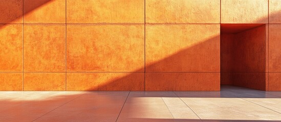 Wall Mural - Modern architectural orange wall with doorway and shadow patterns featuring ample copy space.