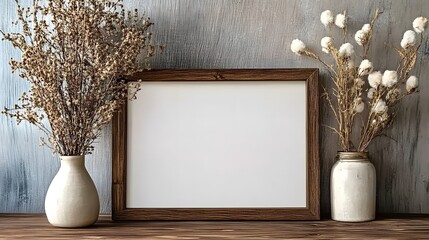 Aufkleber - Minimalist rustic home decor scene with a wooden photo frame and dried flowers in a vase displayed on shelves against a gray and blue wall background