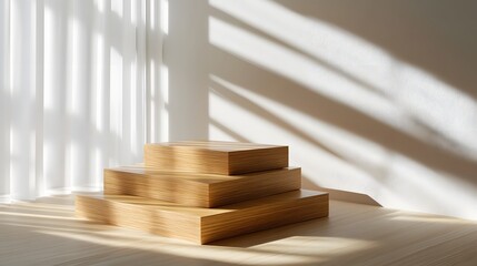 Aufkleber - Minimalist stacked wooden blocks in various shapes and sizes creating a geometric arrangement with natural lighting shining through the window creating shadows and a serene
