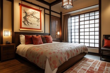 Wall Mural - A cozy, elegantly Asian Zen interior design style designed bedroom featuring a large bed with decorative pillows, a beautiful floral bedspread, and traditional Asian decor. The room has wooden accents