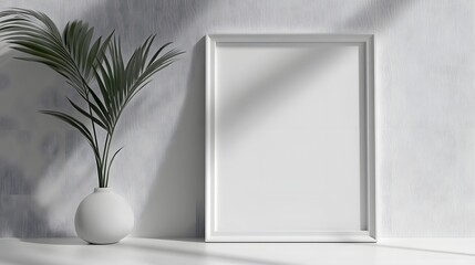 Aufkleber - Minimalist white room interior with an empty picture frame and a potted tropical plant  Elegant clean and contemporary home decor design with natural elements and calm serene ambiance