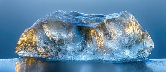 Wall Mural - Translucent ice cube on a reflective surface with blue background and golden highlights Copy Space