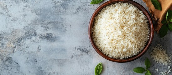 Canvas Print - Bowl of uncooked white rice on a gray surface with green leaves and a piece of fabric providing Copy Space for text