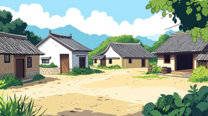 Wall Mural - Tranquil Asian Village Scene With Houses And Lush Greenery