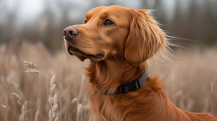 A dog with long hair is standing in the sun. The dog's fur is brown and it has a beautiful, shiny appearance