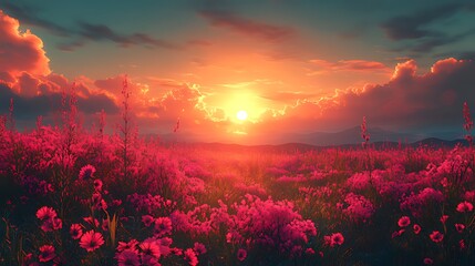 Wall Mural - Sunset over pink flower field, mountain backdrop, idyllic scene