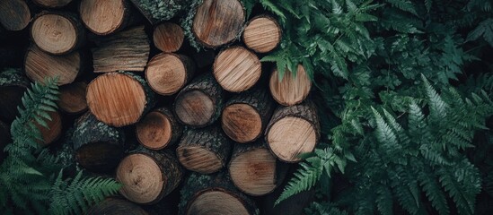 Wall Mural - Wood logs and green ferns arranged together on dark background with natural texture and patterns Copy Space