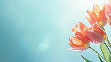 Wall Mural - Tulip Flowers on Blue Background with Sunlight and Copy Space