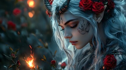 Poster - Enchanting character with flowing silver hair twisting horns and vibrant roses casting a small intense flame in darkness highlighting intricate tattoos and creating a mystical aura