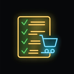 Poster - Neon shopping cart icon completing online shopping checklist on a black background