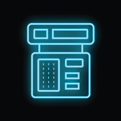 Poster - Glowing blue neon icon of a cash register representing retail, commerce, and finance