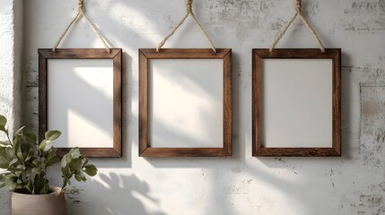 Aufkleber - Rustic farmhouse style wall decor featuring a set of three wooden frames hung on a textured concrete wall creating a minimalist and natural ambiance