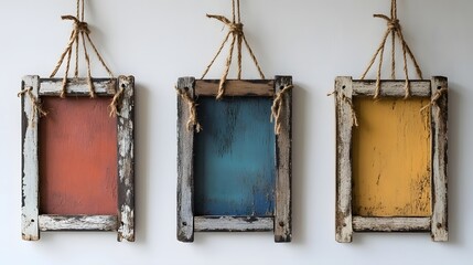 Poster - Rustic distressed wooden frames in a variety of vibrant color tones perfect for creating unique wall decor and creative displays  These handmade frames showcase a mix of styles