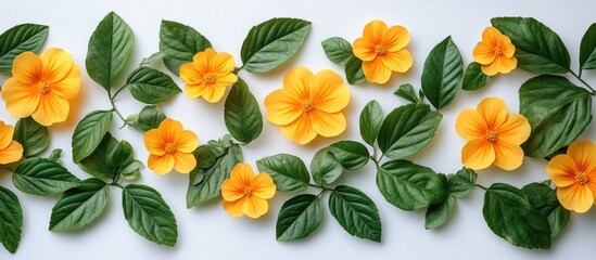 Wall Mural - Yellow hibiscus flowers and green leaves pattern on white background