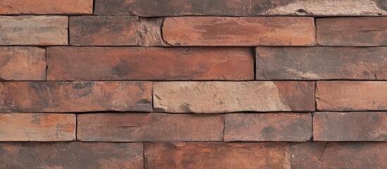 Wall Mural - Textured wall made of rustic red-brown bricks arranged in a horizontal pattern with visible weathering and imperfections Copy Space