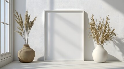 Poster - Soothing and serene minimalist interior design with large window decorative ceramic vases and dried floral accents creating a peaceful natural and elegant atmosphere