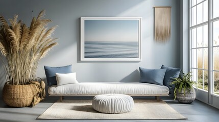 Poster - Serene and Tranquil Living Room with Ocean Landscape Framed Art and Pampas Grass Decor  Cozy and Comfortable Minimalist Modern Interior Design with Neutral Color Palette and Bright Airy Ambiance