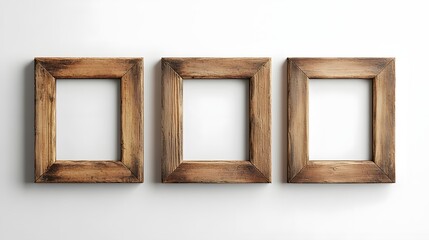 Aufkleber - Three empty rustic wooden picture frames hanging on a plain white wall ideal for art photography or design mockup  Minimal simple and clean background with copy space