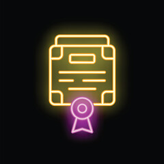 Poster - Glowing neon line certificate icon isolated on black background. Vector illustration