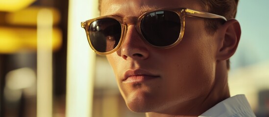 Stylish young man in sunglasses with a confident expression captured in a sunlit urban setting showcasing modern fashion trends.