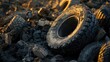 © nabila - Abandoned Rubber Tires on Rocky Ground Bathed in Warm Golden Light