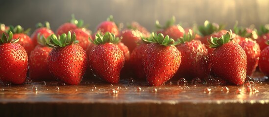 Wall Mural - Fresh strawberries arranged in a row on a wooden surface with water droplets and natural lighting Copy Space