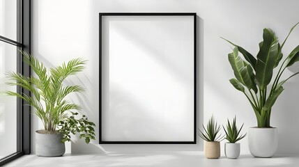Aufkleber - Tranquil and inviting modern living room interior design with lush green plants minimal furniture and clean elegant decor elements  Bright and airy space with large windows creating a serene