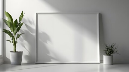 Aufkleber - Tranquil and modern home interior design featuring a minimalist frame against a white wall a lush green plant and natural lighting filtering through the window