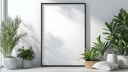 Poster - Tranquil and serene minimalist living room interior design with lush indoor plants in modern pots and vases framed wall artwork and clean bright and airy atmosphere