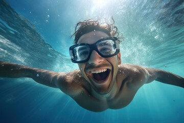 Sticker - Summer atractive happy Latino man swimming with goggles in the sea underwater recreation.