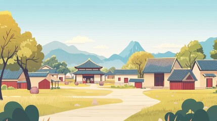 Wall Mural - Serene Asian Village nestled among rolling green hills