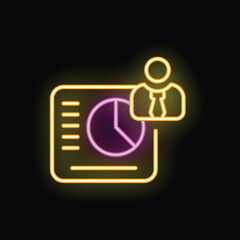 Poster - Neon sign of a businessman analyzing a financial report with a pie chart, representing business analysis and success