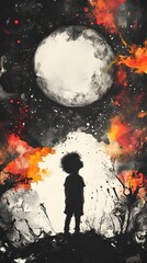Poster - Energetic blackandwhite sketch of a small boy animatedly talking to the moon and stars surrounded by surreal colors and vibrant alcohol ink splatter effects capturing a whimsical atmosphere