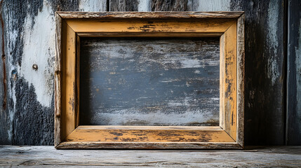 Aufkleber - Vintage Distressed Wooden Picture Frame Placed on an Old Weathered Wooden Wall or Planks  Retro Shabby Chic Style Background for Art Display Home Decor or Gallery Presentation