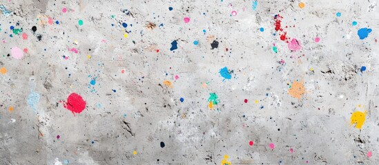 Poster - Textured concrete wall with colorful paint splatters and speckles suitable for backgrounds or artistic designs Copy Space