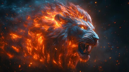Poster - Epic digital artwork of a giant lion statue middisintegration showing glowing cracks with molten lava and blue energy its head and limbs breaking apart against a dark minimal background