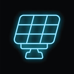 Canvas Print - Bright blue neon solar panel glowing on dark background, concept for renewable energy and sustainability