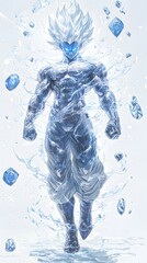 Fototapete - Epic scene showcasing Goku in gleaming Whiteblue Kirin armor with reflective metallic details blue glowing eyes and surrounded by floating Kirin runes against a minimalist white background