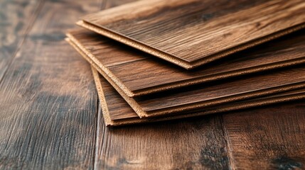 Aufkleber - Wooden floor planks stacked on a rustic wooden surface showcasing rich textures and colors with Copy Space available for text placement.