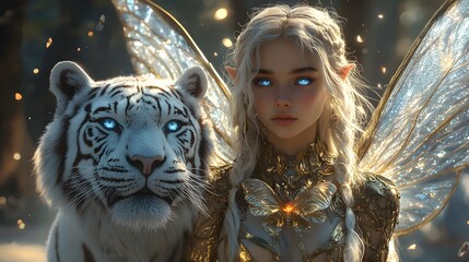 Poster - ethereal elf with translucent butterfly wings golden armor and glowing blue eyes standing with her w